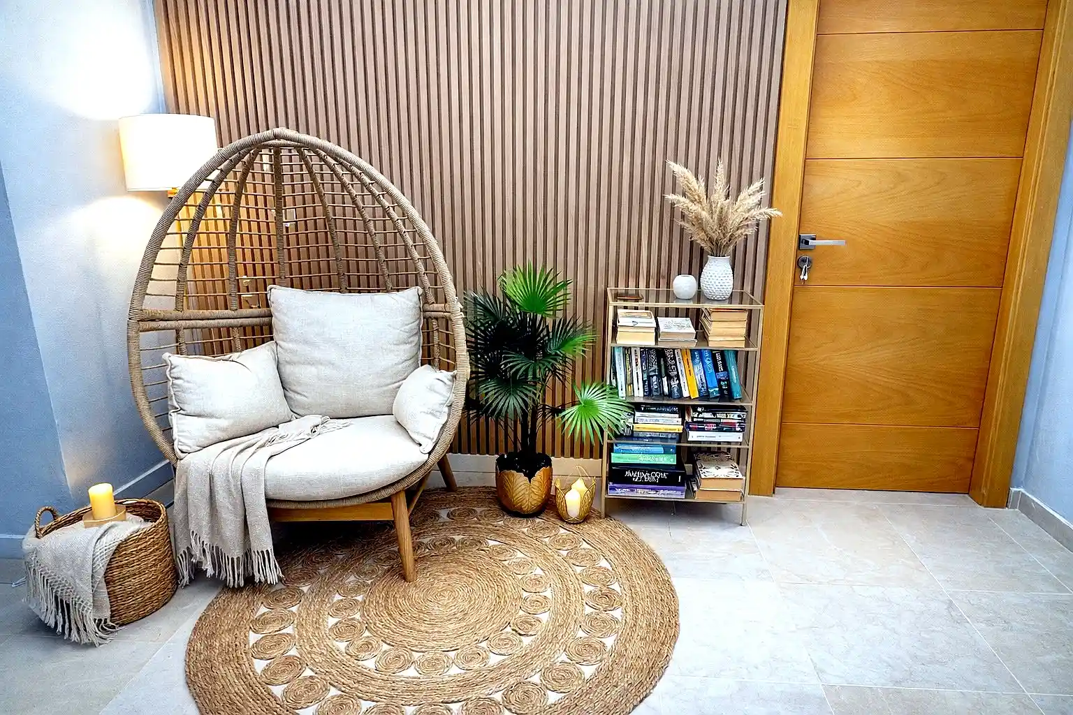 Zona común de descanso con sillón colgante de mimbre y librería para huéspedes