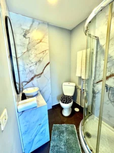 Baño privado moderno con revestimiento de mármol y lavabo de diseño
