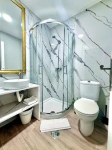 Detalle del lavabo sobre encimera, espejo dorado e inodoro moderno