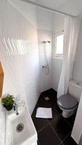 Cuarto de baño moderno con azulejos blancos, ducha y sanitario