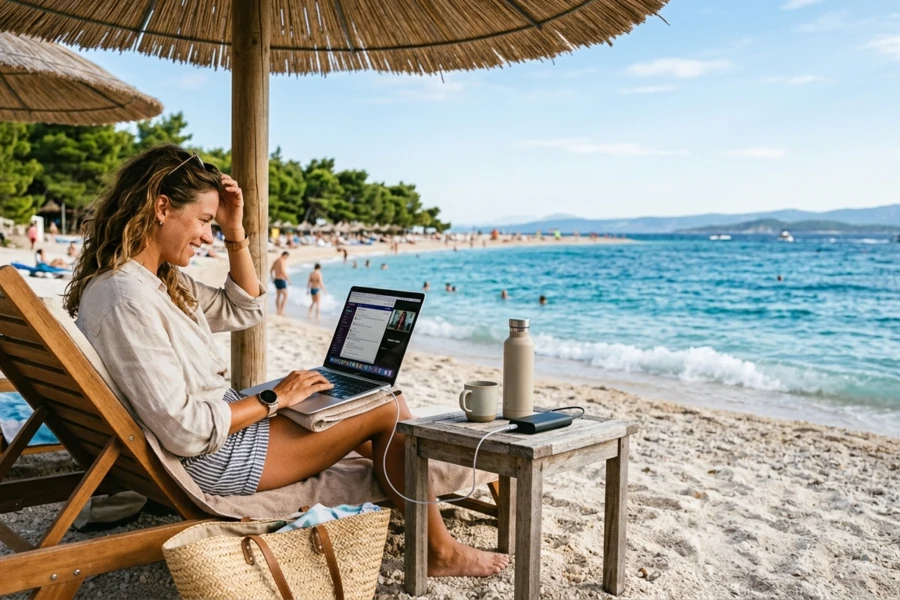 Nómada digital trabajando con ordenador portátil en una playa de Tenerife con descuento